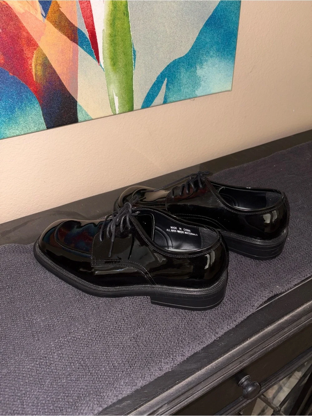 Men’s American Vintage Gloss Black Leather Dress Shoes Polished Oxfords, size 12